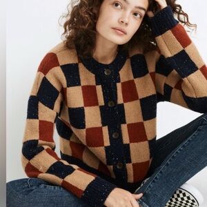 Madewell Checkered Cardigan - Tan, Red, Navy